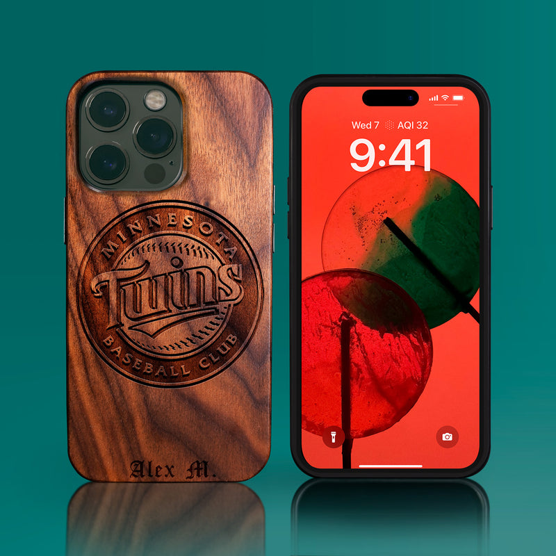 Custom Minnesota Twins iPhone 14/14 Pro/14 Pro Max/14 Plus Case - Carved Wood Twins Cover