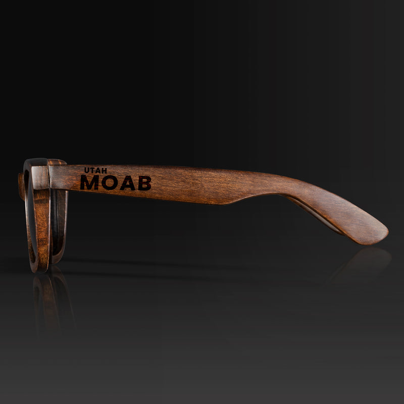 Moab Utah Wood Sunglasses with custom engraving. Custom Moab Utah Gifts For Men -  Sustainable Moab Utah eco friendly products - Personalized Moab Utah Birthday Gifts - Unique Moab Utah travel Souvenirs and gift shops. Moab Utah Wayfarer Eyewear and Shades Side