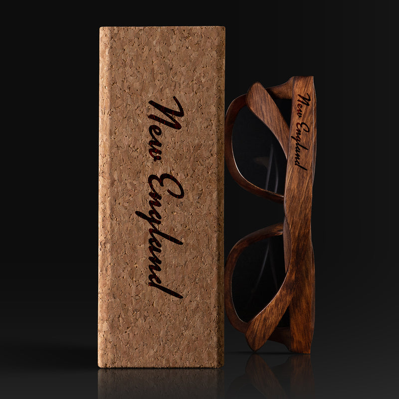 New England Rhode Island Wood Sunglasses with custom engraving. Custom New England Rhode Island Gifts For Men -  Sustainable New England Rhode Island eco friendly products - Personalized New England Rhode Island Birthday Gifts - Unique New England Rhode Island travel Souvenirs and gift shops. New England Rhode Island Wayfarer Eyewear and Shades wiith Box