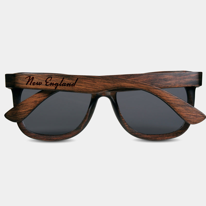 New England Rhode Island Wood Sunglasses with custom engraving.  Add Your Custom Engraving On The Right Side. New England Rhode Island Custom Gifts For Men - New England Rhode Island Sustainable Wayfarer Eyewear and Shades Front View