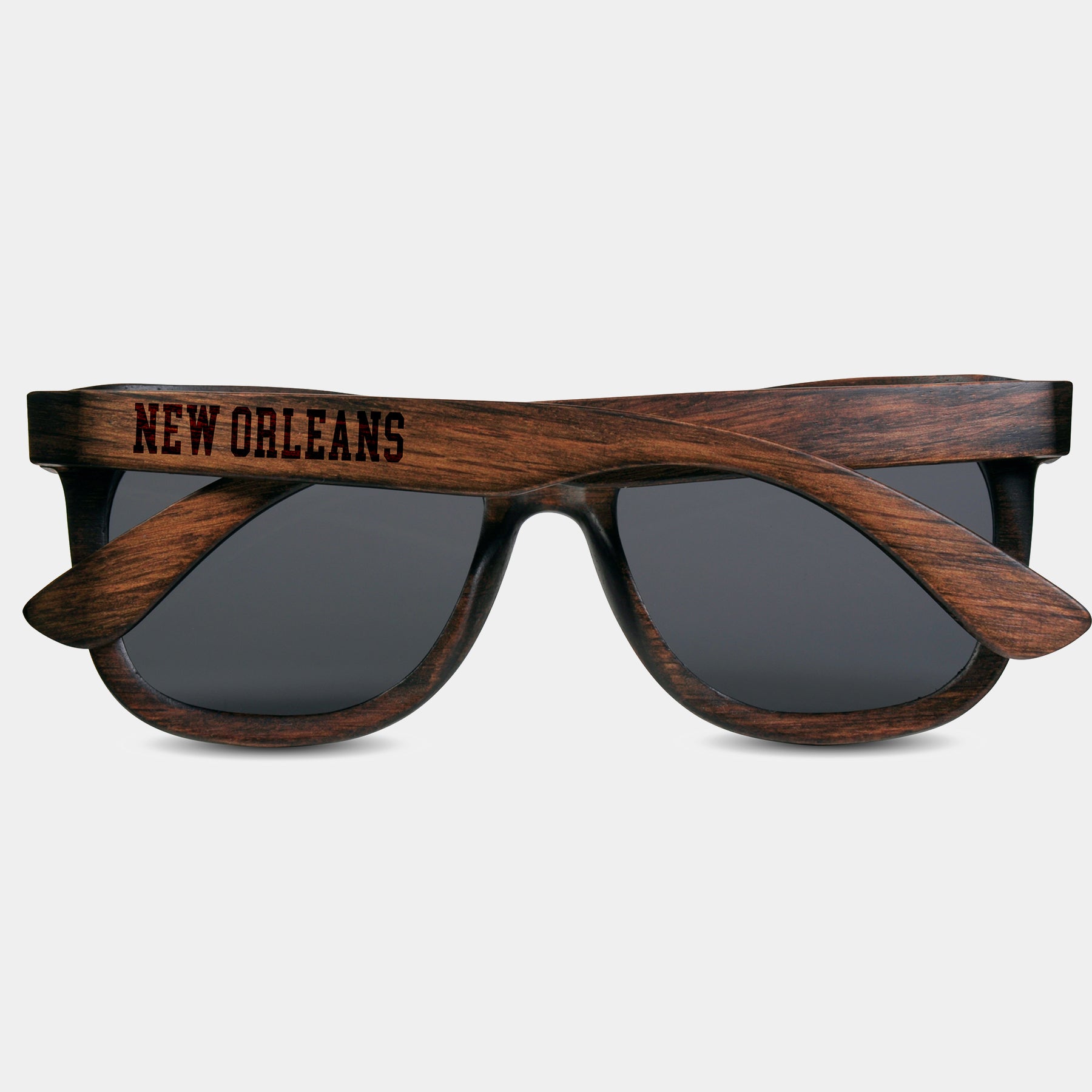 New Orleans Louisiana II Wood Sunglasses with custom engraving.  Add Your Custom Engraving On The Right Side. New Orleans Louisiana II Custom Gifts For Men - New Orleans Louisiana II Sustainable Wayfarer Eyewear and Shades Front View