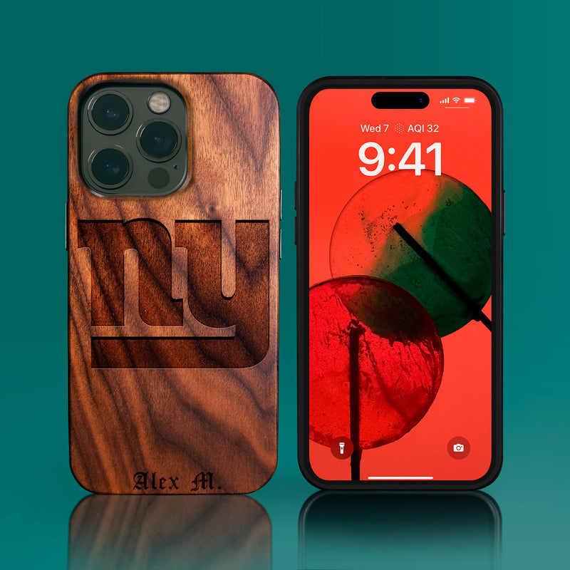 Custom New York Giants iPhone 14/14 Pro/14 Pro Max/14 Plus Case - Carved Wood Giants Cover