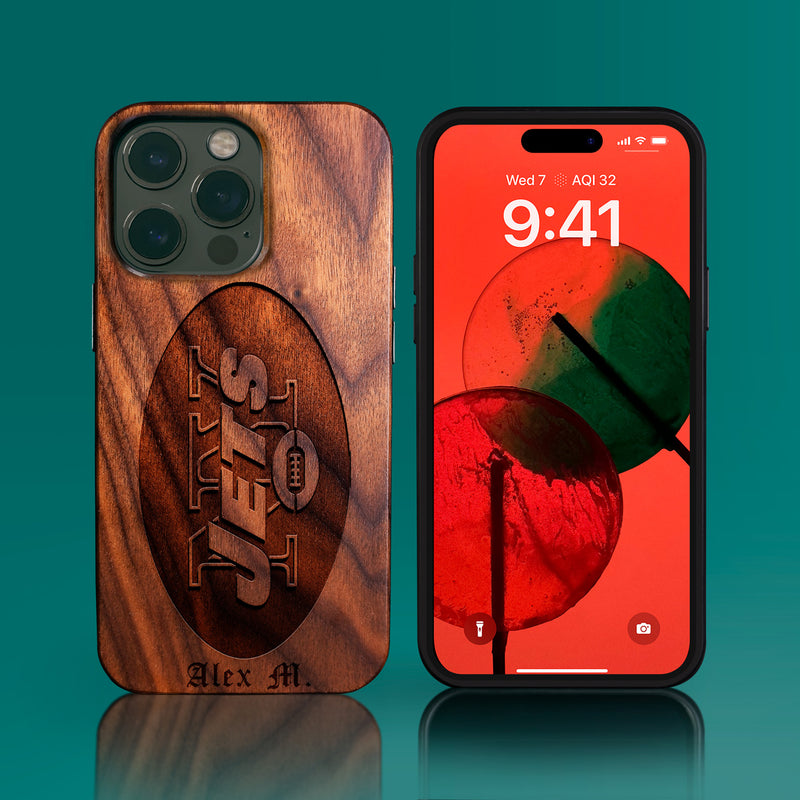 Custom New York Jets iPhone 14/14 Pro/14 Pro Max/14 Plus Case - Carved Wood Jets Cover