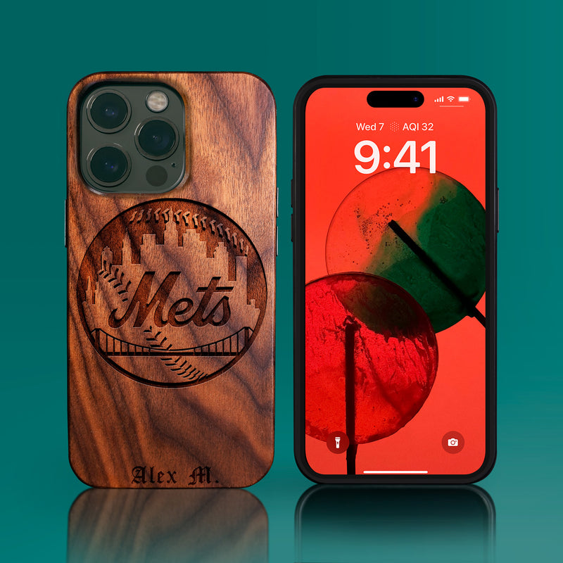 Custom New York Mets iPhone 14/14 Pro/14 Pro Max/14 Plus Case - Carved Wood Mets Cover
