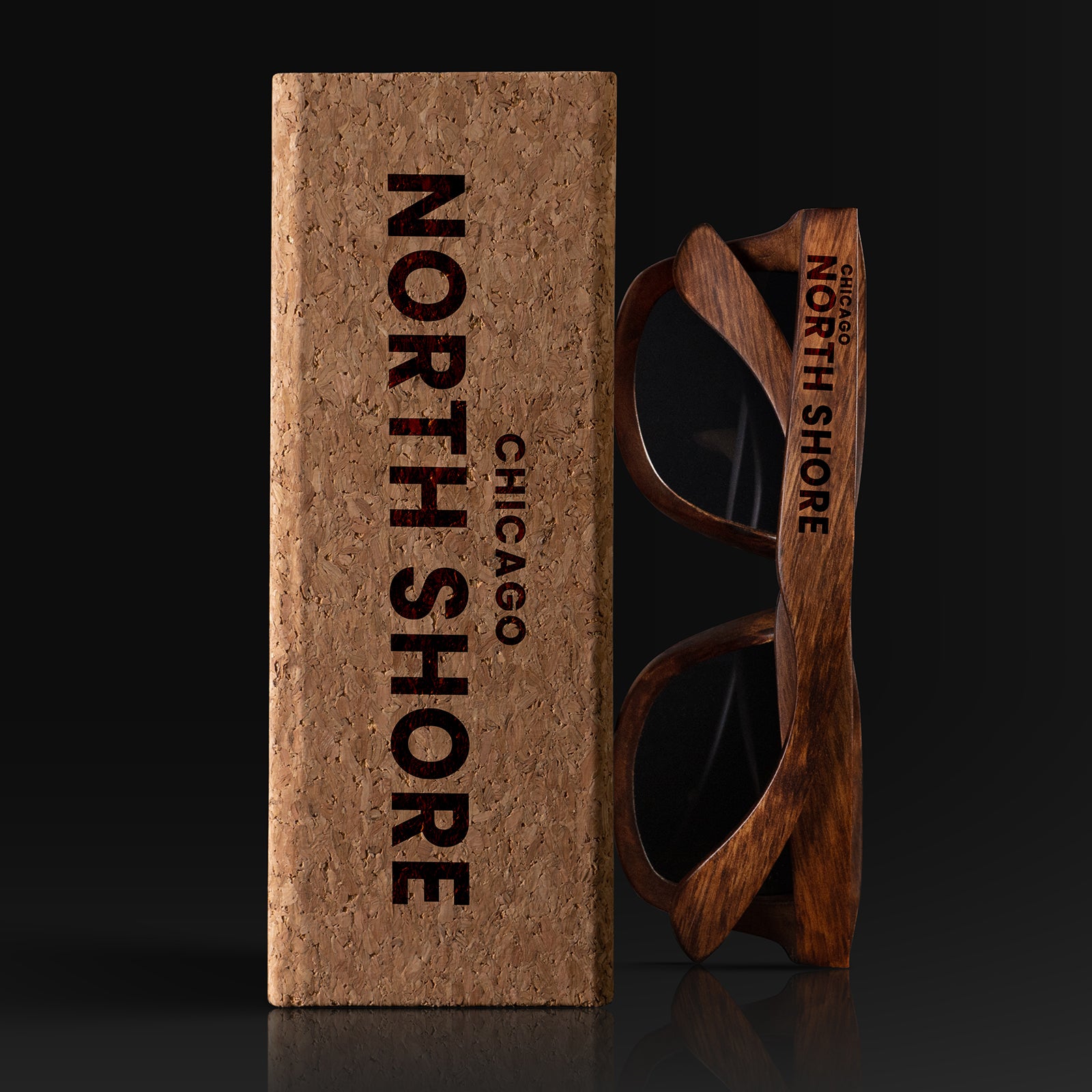 North Shore Chicago Wood Sunglasses with custom engraving. Custom North Shore Chicago Gifts For Men -  Sustainable North Shore Chicago eco friendly products - Personalized North Shore Chicago Birthday Gifts - Unique North Shore Chicago travel Souvenirs and gift shops. North Shore Chicago Wayfarer Eyewear and Shades wiith Box