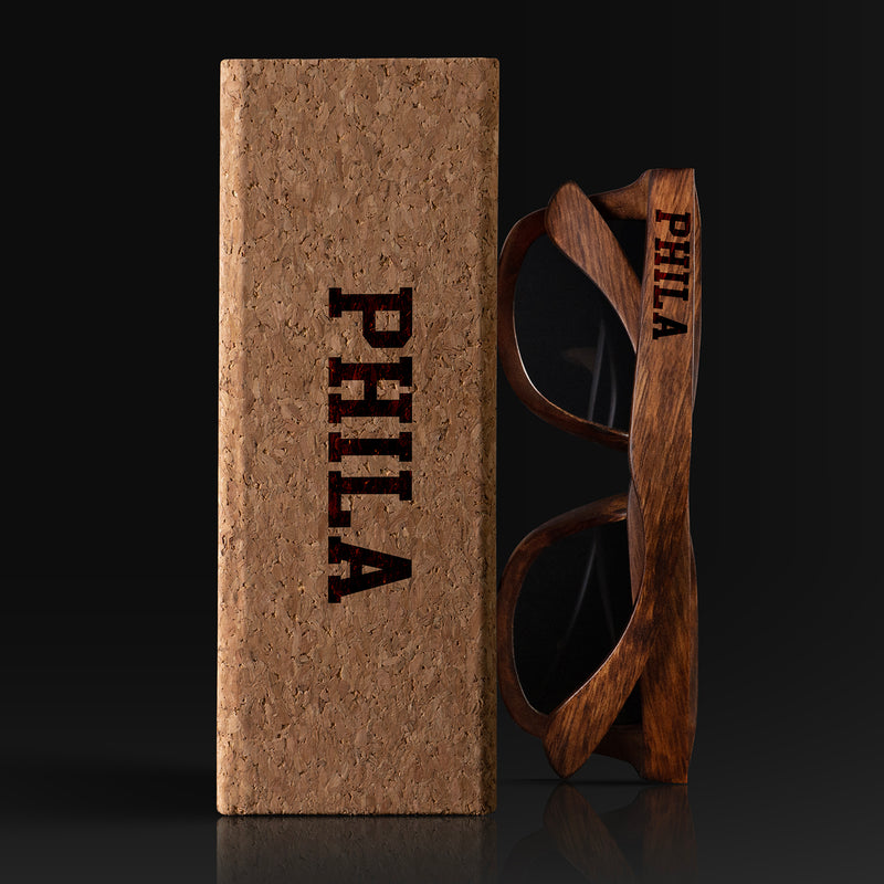 PHILA Pennsylvania Wood Sunglasses with custom engraving. Custom PHILA Pennsylvania Gifts For Men -  Sustainable PHILA Pennsylvania eco friendly products - Personalized PHILA Pennsylvania Birthday Gifts - Unique PHILA Pennsylvania travel Souvenirs and gift shops. PHILA Pennsylvania Wayfarer Eyewear and Shades wiith Box