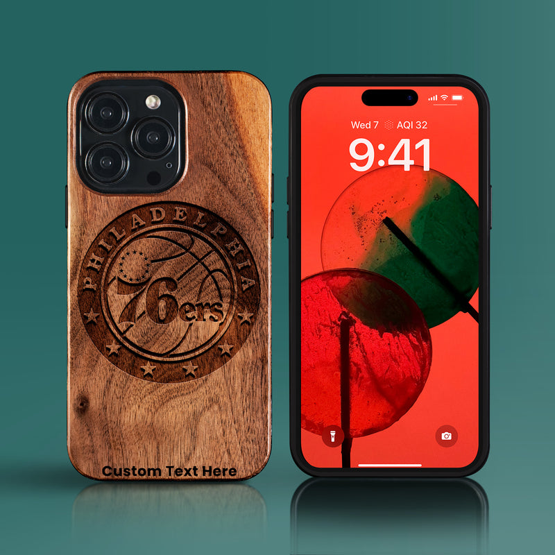 Custom Philadelphia 76Ers iPhone 15/15 Pro/15 Pro Max/15 Plus Case - Carved Wood 76Ers Cover