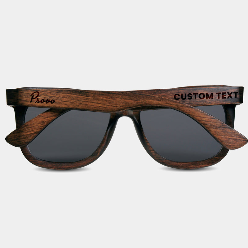 Provo Utah Wood Sunglasses with custom engraving. Custom Provo Utah Gifts For Men -  Sustainable Provo Utah eco friendly products - Personalized Provo Utah Birthday Gifts - Unique Provo Utah travel Souvenirs and gift shops. Provo Utah Wayfarer Eyewear and Shades 