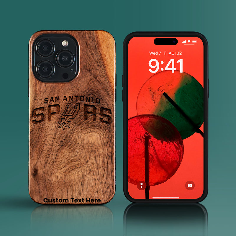 Custom San Antonio Spurs iPhone 15/15 Pro/15 Pro Max/15 Plus Case - Carved Wood Spurs Cover