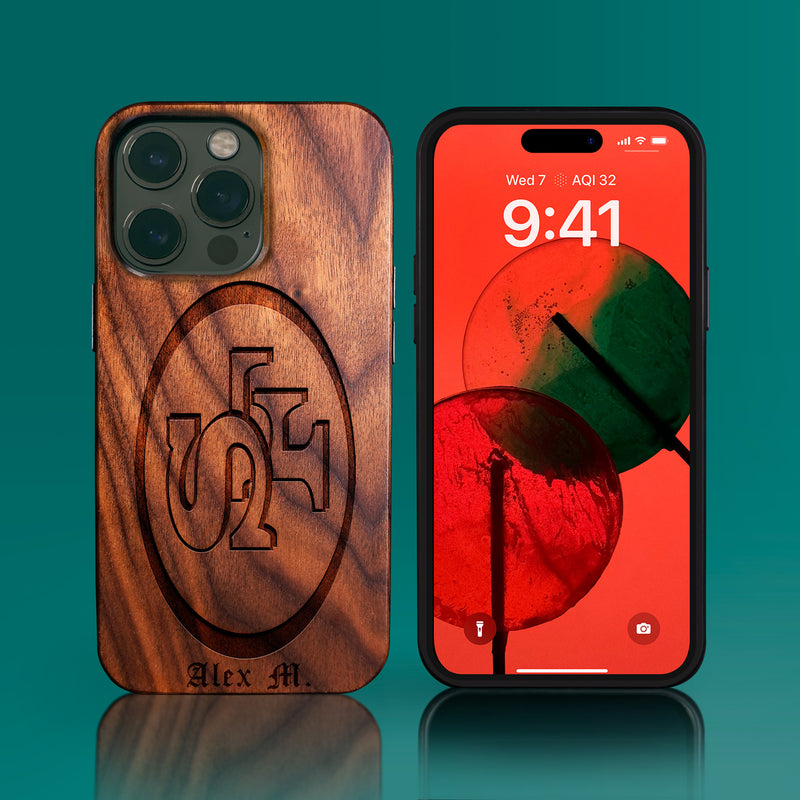 Custom San Francisco 49ers iPhone 14/14 Pro/14 Pro Max/14 Plus Case - Carved Wood 49ers Cover