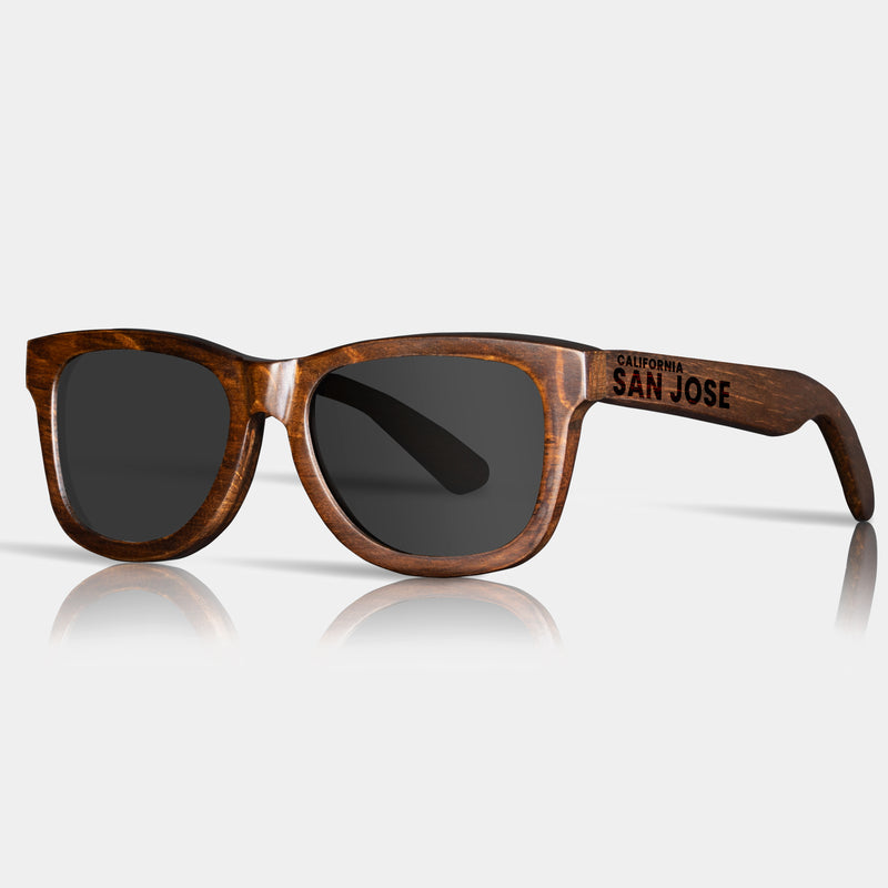 San Jose California Wood Sunglasses with custom engraving. Custom San Jose California Gifts For Men -  Sustainable San Jose California eco friendly products - Personalized San Jose California Birthday Gifts - Unique San Jose California travel Souvenirs and gift shops. San Jose California Wayfarer Eyewear and Shades Front View