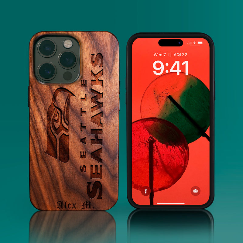 Custom Seattle Seahawks iPhone 14/14 Pro/14 Pro Max/14 Plus Case - Carved Wood Seahawks Cover