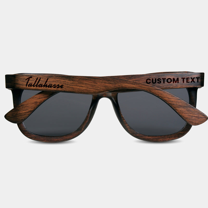 Tallahassee Florida II Wood Sunglasses with custom engraving. Custom Tallahassee Florida II Gifts For Men -  Sustainable Tallahassee Florida II eco friendly products - Personalized Tallahassee Florida II Birthday Gifts - Unique Tallahassee Florida II travel Souvenirs and gift shops. Tallahassee Florida II Wayfarer Eyewear and Shades 