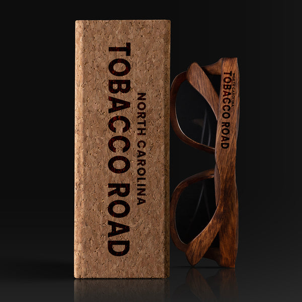 Tobacco Road North Carolina Wood Sunglasses with custom engraving. Custom Tobacco Road North Carolina Gifts For Men -  Sustainable Tobacco Road North Carolina eco friendly products - Personalized Tobacco Road North Carolina Birthday Gifts - Unique Tobacco Road North Carolina travel Souvenirs and gift shops. Tobacco Road North Carolina Wayfarer Eyewear and Shades wiith Box