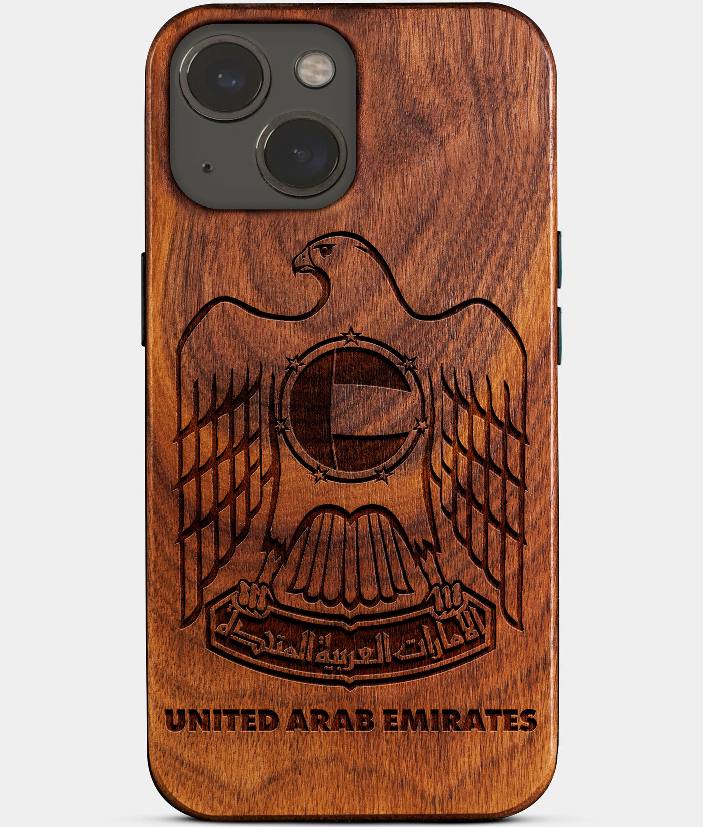 Custom United Arab Emirates iPhone 14 Plus United Arab Emirates National Emblem Personalized Dubai Abu Dhabi Gifts For Men 2022 Best United Arab Emirates Gifts Carved Wood Unusual Uae Gift For Him Monogrammed