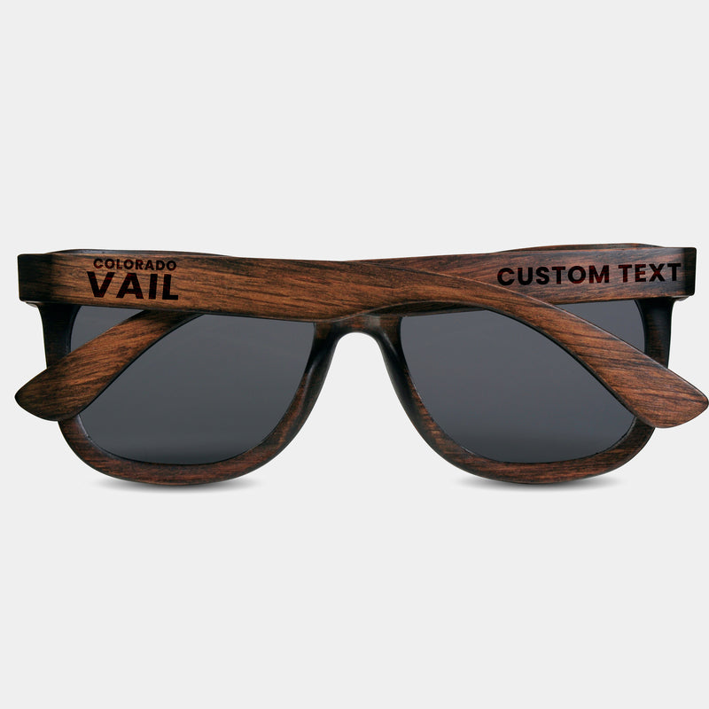 Vail Colorado Wood Sunglasses with custom engraving. Custom Vail Colorado Gifts For Men -  Sustainable Vail Colorado eco friendly products - Personalized Vail Colorado Birthday Gifts - Unique Vail Colorado travel Souvenirs and gift shops. Vail Colorado Wayfarer Eyewear and Shades 