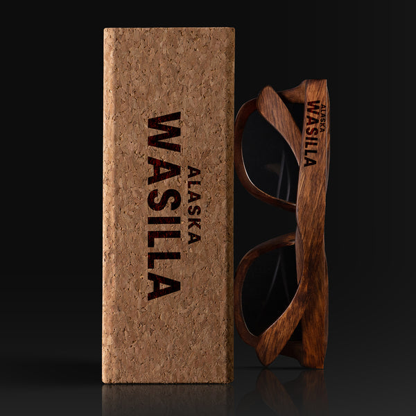 Wasilla Alaska Wood Sunglasses with custom engraving. Custom Wasilla Alaska Gifts For Men -  Sustainable Wasilla Alaska eco friendly products - Personalized Wasilla Alaska Birthday Gifts - Unique Wasilla Alaska travel Souvenirs and gift shops. Wasilla Alaska Wayfarer Eyewear and Shades wiith Box