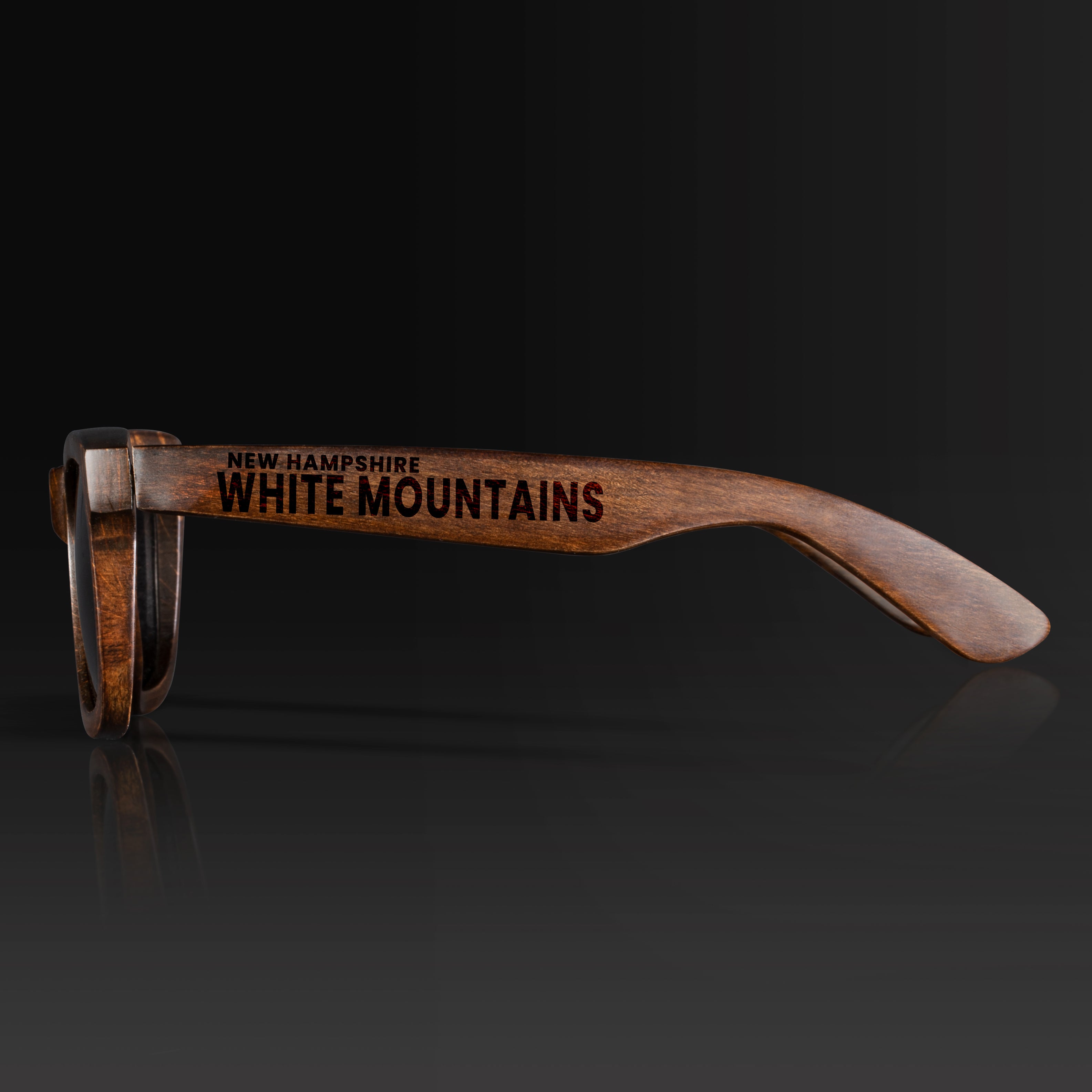 White Mountain New Hampshire Wood Sunglasses with custom engraving. Custom White Mountain New Hampshire Gifts For Men -  Sustainable White Mountain New Hampshire eco friendly products - Personalized White Mountain New Hampshire Birthday Gifts - Unique White Mountain New Hampshire travel Souvenirs and gift shops. White Mountain New Hampshire Wayfarer Eyewear and Shades Side