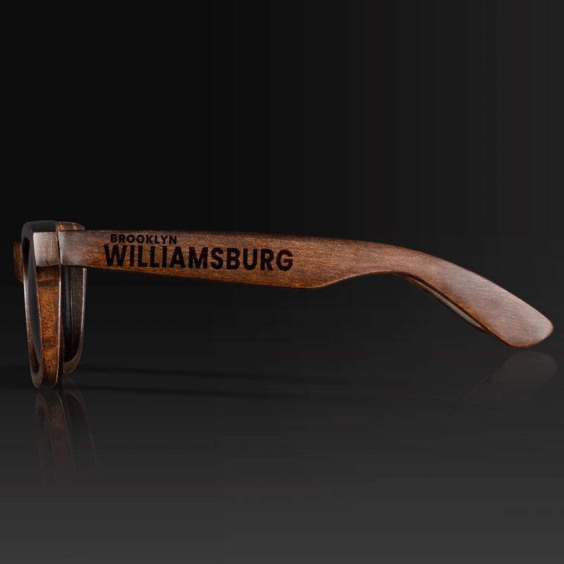 Williamsburg New York Wood Sunglasses with custom engraving. Custom Williamsburg New York Gifts For Men -  Sustainable Williamsburg New York eco friendly products - Personalized Williamsburg New York Birthday Gifts - Unique Williamsburg New York travel Souvenirs and gift shops. Williamsburg New York Wayfarer Eyewear and Shades Side