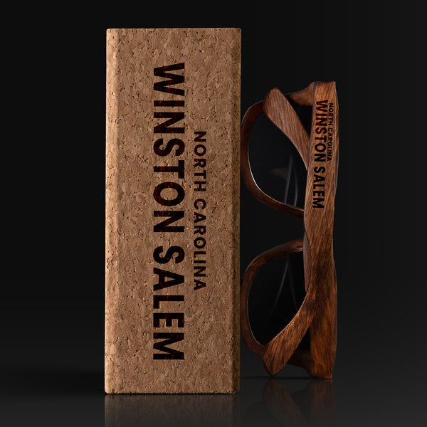 Winston Salem North Carolina Wood Sunglasses with custom engraving. Custom Winston Salem North Carolina Gifts For Men -  Sustainable Winston Salem North Carolina eco friendly products - Personalized Winston Salem North Carolina Birthday Gifts - Unique Winston Salem North Carolina travel Souvenirs and gift shops. Winston Salem North Carolina Wayfarer Eyewear and Shades wiith Box