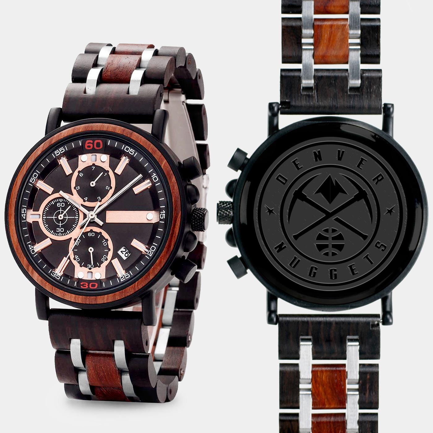 Denver Nuggets Mens Wrist Watch  - Personalized Denver Nuggets Mens Watches - Custom Gifts For Him, Birthday Gifts, Gift For Dad - Best 2022 Denver Nuggets Christmas Gifts - Black 45mm NBA Wood Watch - By Engraved In Nature