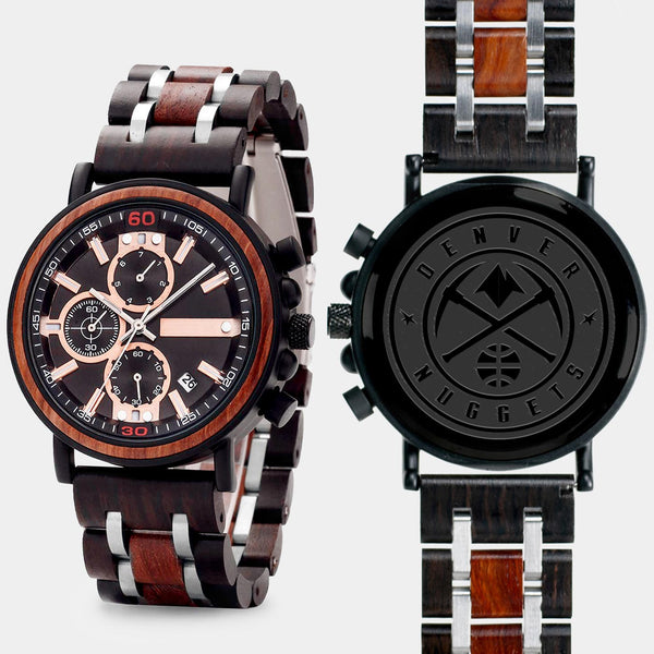 Denver Nuggets Mens Wrist Watch  - Personalized Denver Nuggets Mens Watches - Custom Gifts For Him, Birthday Gifts, Gift For Dad - Best 2022 Denver Nuggets Christmas Gifts - Black 45mm NBA Wood Watch - By Engraved In Nature