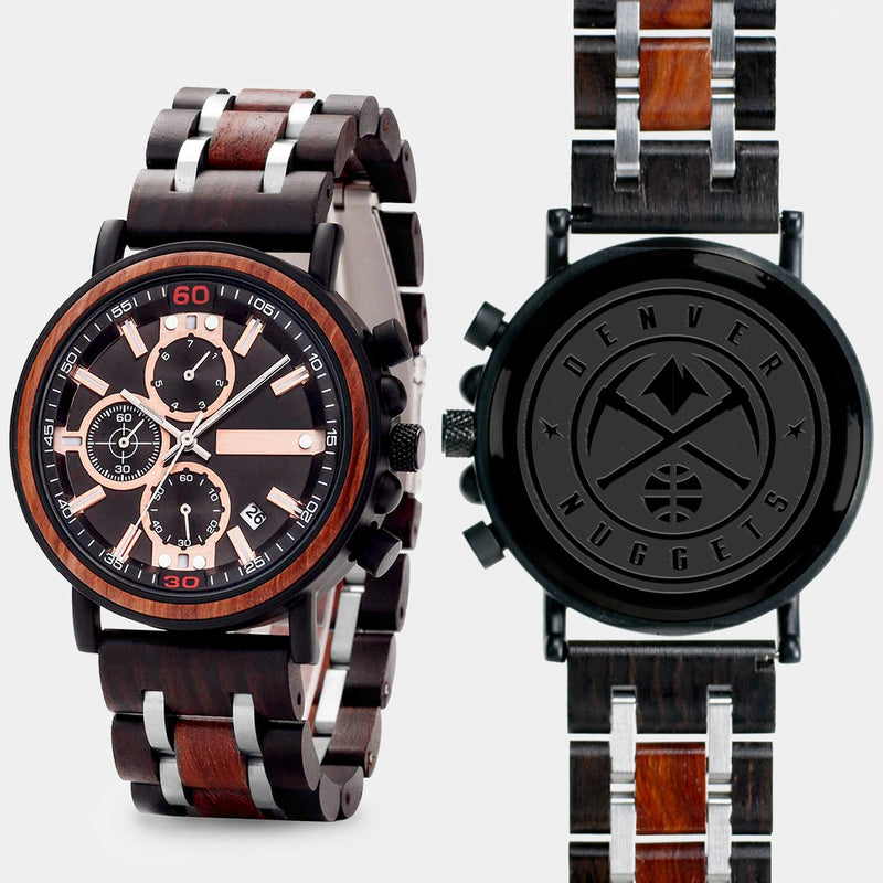 Denver Nuggets Mens Wrist Watch  - Personalized Denver Nuggets Mens Watches - Custom Gifts For Him, Birthday Gifts, Gift For Dad - Best 2022 Denver Nuggets Christmas Gifts - Black 45mm NBA Wood Watch - By Engraved In Nature