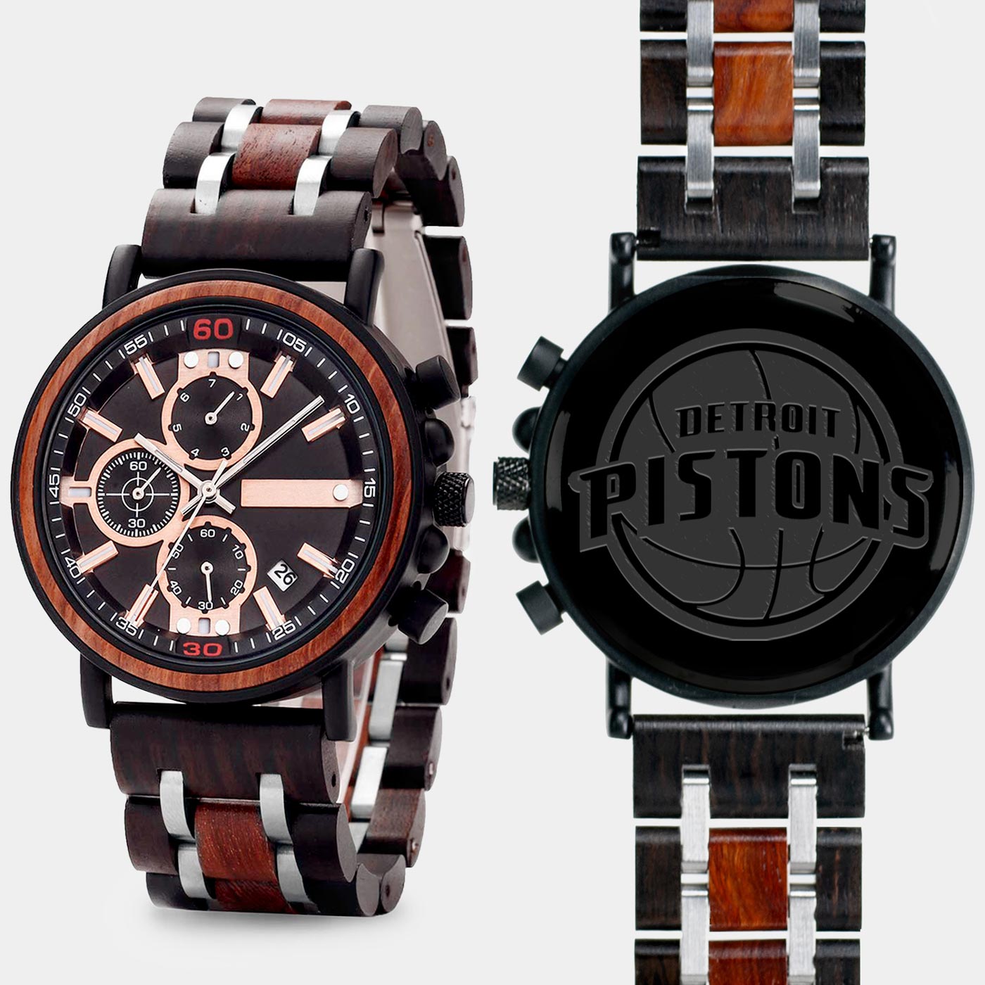 Detroit Pistons Mens Wrist Watch  - Personalized Detroit Pistons Mens Watches - Custom Gifts For Him, Birthday Gifts, Gift For Dad - Best 2022 Detroit Pistons Christmas Gifts - Black 45mm NBA Wood Watch - By Engraved In Nature
