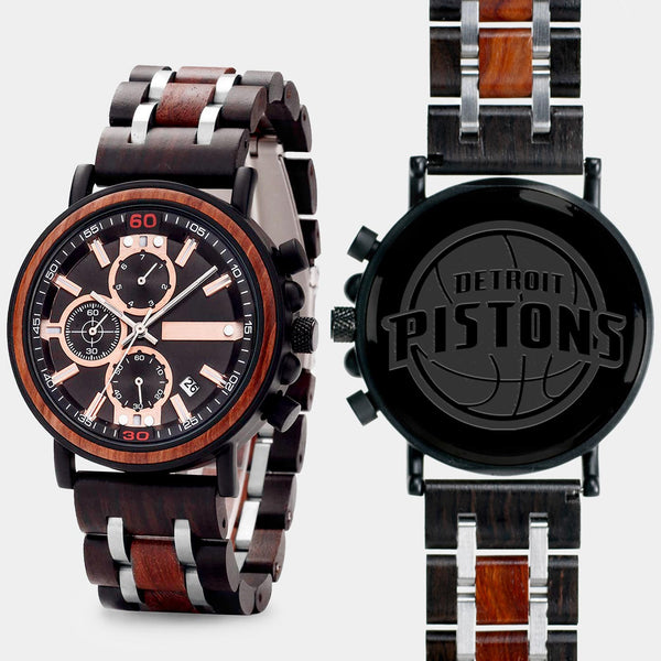 Detroit Pistons Mens Wrist Watch  - Personalized Detroit Pistons Mens Watches - Custom Gifts For Him, Birthday Gifts, Gift For Dad - Best 2022 Detroit Pistons Christmas Gifts - Black 45mm NBA Wood Watch - By Engraved In Nature