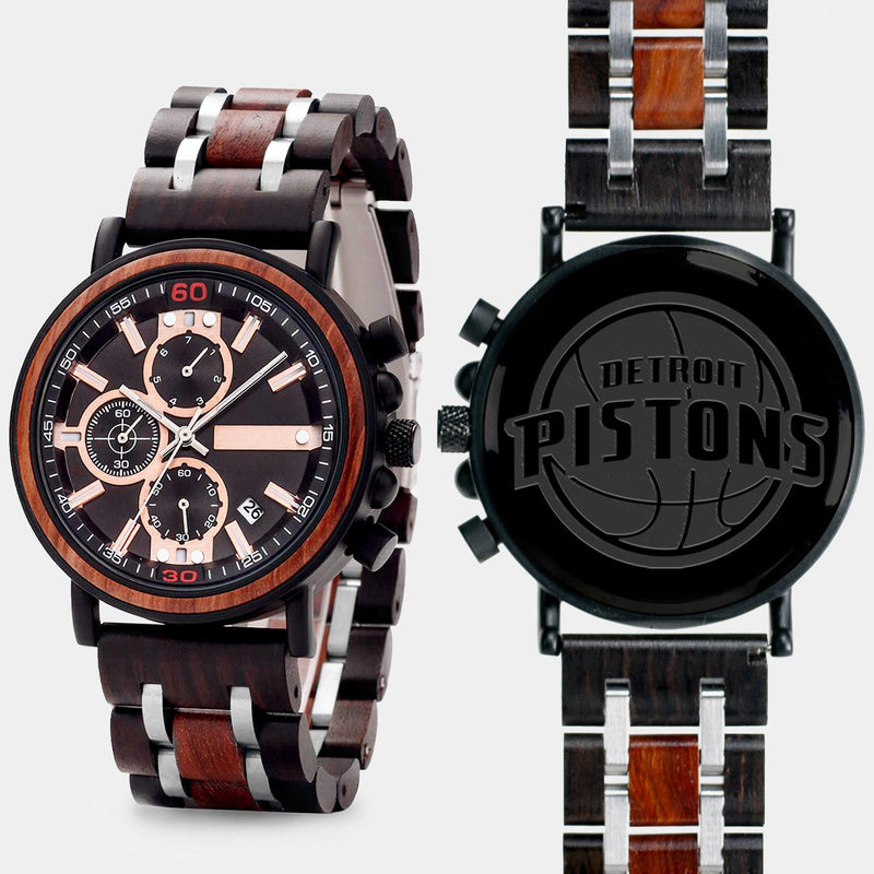 Detroit Pistons Mens Wrist Watch  - Personalized Detroit Pistons Mens Watches - Custom Gifts For Him, Birthday Gifts, Gift For Dad - Best 2022 Detroit Pistons Christmas Gifts - Black 45mm NBA Wood Watch - By Engraved In Nature