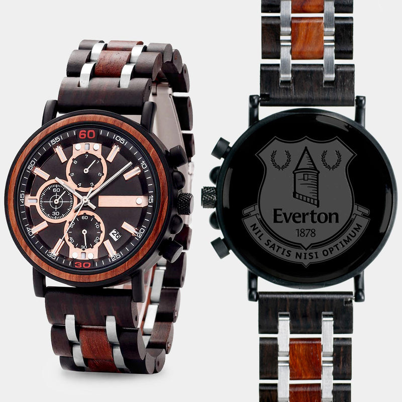 Everton F.C. Mens Wrist Watch  - Personalized Everton F.C. Mens Watches - Custom Gifts For Him, Birthday Gifts, Gift For Dad - Best 2022 Everton F.C. Christmas Gifts - Black 45mm FC Wood Watch - By Engraved In Nature
