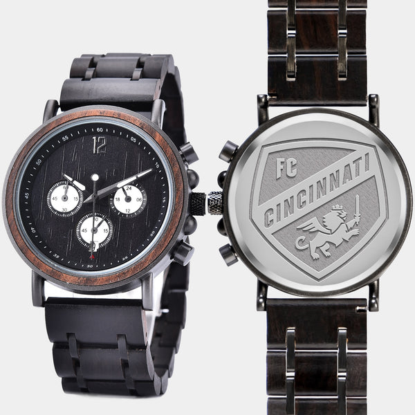 FC Cincinnati Mens Wrist Watch  - Personalized FC Cincinnati Mens Watches - Custom Gifts For Him, Birthday Gifts, Gift For Dad - Best 2022 FC Cincinnati Christmas Gifts - Black 45mm MLS Wood Watch - By Engraved In Nature