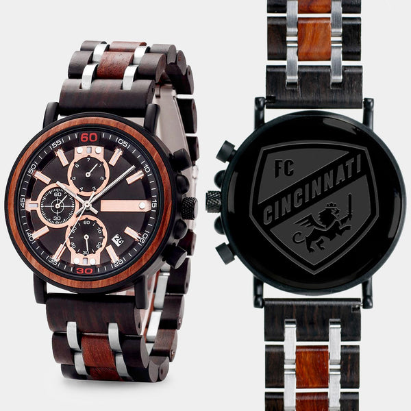 FC Cincinnati Mens Wrist Watch  - Personalized FC Cincinnati Mens Watches - Custom Gifts For Him, Birthday Gifts, Gift For Dad - Best 2022 FC Cincinnati Christmas Gifts - Black 45mm MLS Wood Watch - By Engraved In Nature