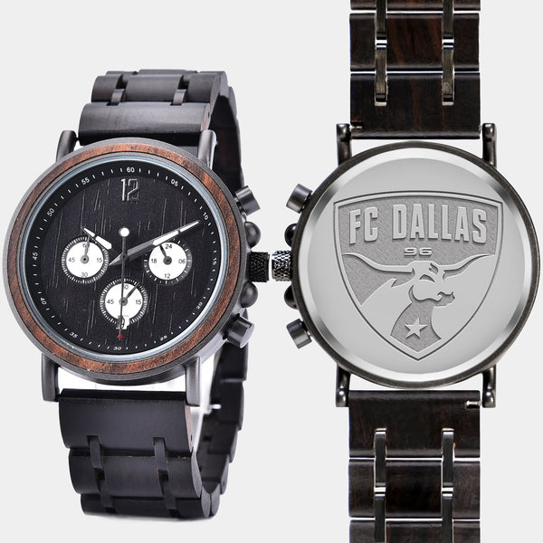 FC Dallas Mens Wrist Watch  - Personalized FC Dallas Mens Watches - Custom Gifts For Him, Birthday Gifts, Gift For Dad - Best 2022 FC Dallas Christmas Gifts - Black 45mm MLS Wood Watch - By Engraved In Nature
