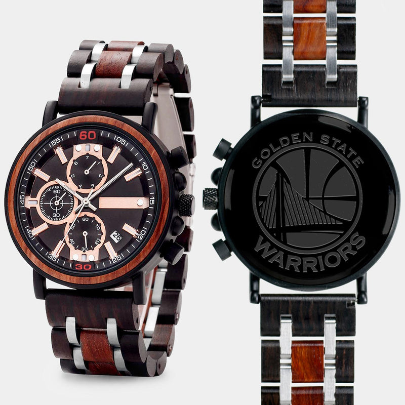 Golden State Warriors Mens Wrist Watch  - Personalized Golden State Warriors Mens Watches - Custom Gifts For Him, Birthday Gifts, Gift For Dad - Best 2022 Golden State Warriors Christmas Gifts - Black 45mm NBA Wood Watch - By Engraved In Nature
