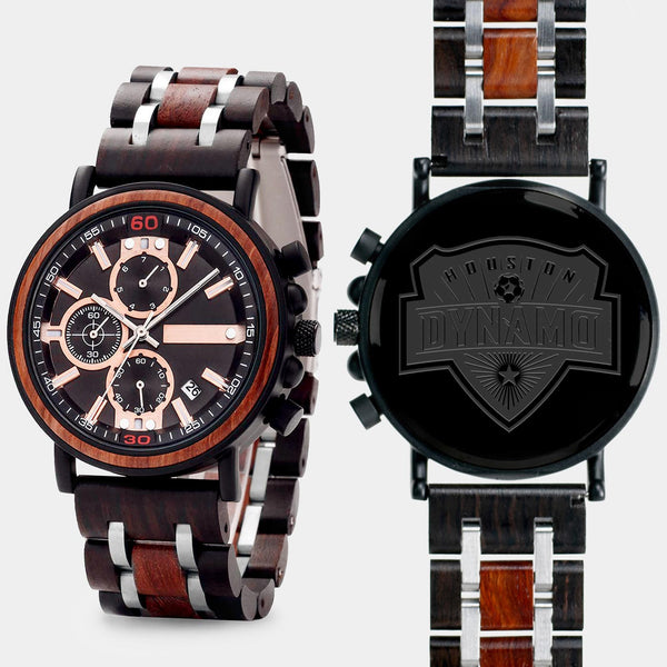 Houston Dynamo Mens Wrist Watch  - Personalized Houston Dynamo Mens Watches - Custom Gifts For Him, Birthday Gifts, Gift For Dad - Best 2022 Houston Dynamo Christmas Gifts - Black 45mm MLS Wood Watch - By Engraved In Nature