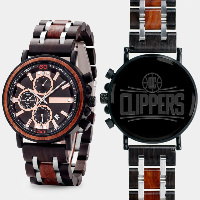 Los Angeles Clippers Mens Wrist Watch  - Personalized Los Angeles Clippers Mens Watches - Custom Gifts For Him, Birthday Gifts, Gift For Dad - Best 2022 Los Angeles Clippers Christmas Gifts - Black 45mm NBA Wood Watch - By Engraved In Nature