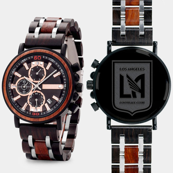 Los Angeles FC Mens Wrist Watch  - Personalized Los Angeles FC Mens Watches - Custom Gifts For Him, Birthday Gifts, Gift For Dad - Best 2022 Los Angeles FC Christmas Gifts - Black 45mm MLS Wood Watch - By Engraved In Nature