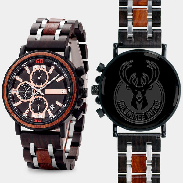Milwaukee Bucks Mens Wrist Watch  - Personalized Milwaukee Bucks Mens Watches - Custom Gifts For Him, Birthday Gifts, Gift For Dad - Best 2022 Milwaukee Bucks Christmas Gifts - Black 45mm NBA Wood Watch - By Engraved In Nature