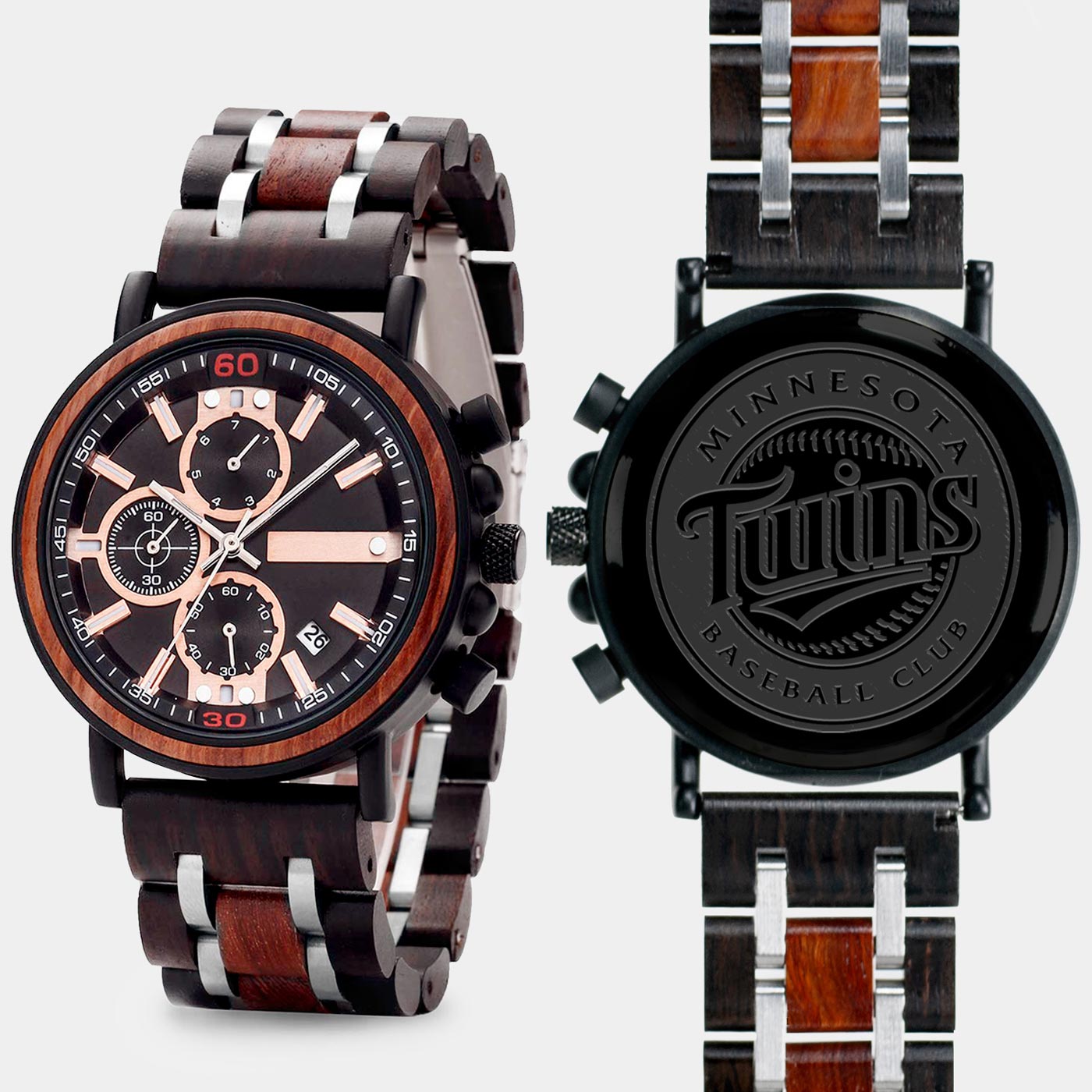 Minnesota Twins Mens Wrist Watch  - Personalized Minnesota Twins Mens Watches - Custom Gifts For Him, Birthday Gifts, Gift For Dad - Best 2022 Minnesota Twins Christmas Gifts - Black 45mm MLB Wood Watch - By Engraved In Nature