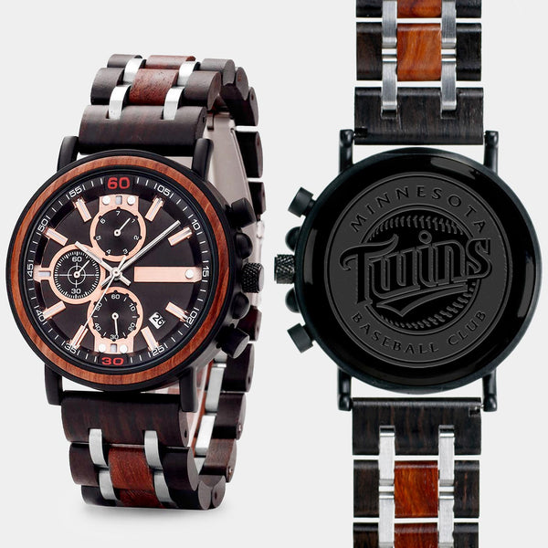 Minnesota Twins Mens Wrist Watch  - Personalized Minnesota Twins Mens Watches - Custom Gifts For Him, Birthday Gifts, Gift For Dad - Best 2022 Minnesota Twins Christmas Gifts - Black 45mm MLB Wood Watch - By Engraved In Nature