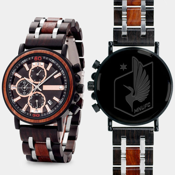 Minnesota United FC Mens Wrist Watch  - Personalized Minnesota United FC Mens Watches - Custom Gifts For Him, Birthday Gifts, Gift For Dad - Best 2022 Minnesota United FC Christmas Gifts - Black 45mm MLS Wood Watch - By Engraved In Nature