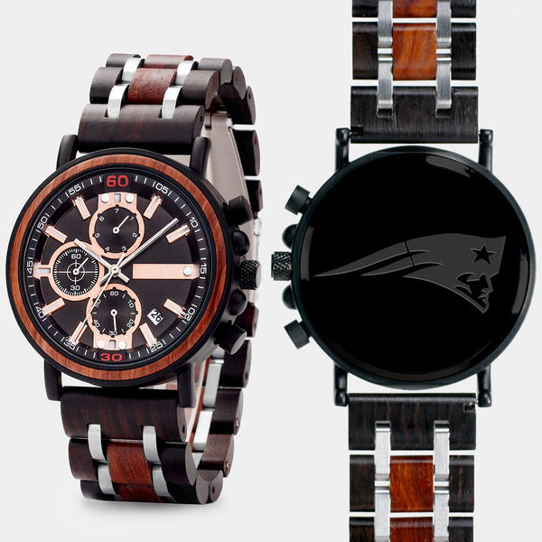 New England Patriots Mens Wrist Watch  - Personalized New England Patriots Mens Watches - Custom Gifts For Him, Birthday Gifts, Gift For Dad - Best 2022 New England Patriots Christmas Gifts - Black 45mm NFL Wood Watch - By Engraved In Nature