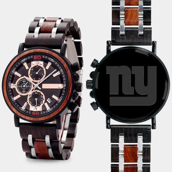 New York Giants Mens Wrist Watch  - Personalized New York Giants Mens Watches - Custom Gifts For Him, Birthday Gifts, Gift For Dad - Best 2022 New York Giants Christmas Gifts - Black 45mm NFL Wood Watch - By Engraved In Nature