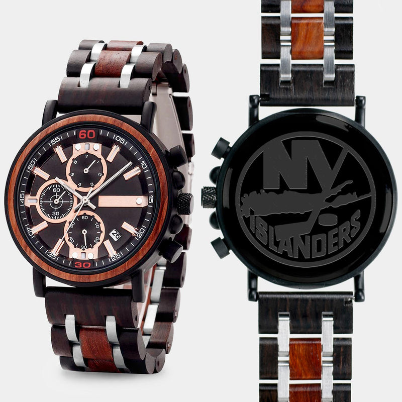 New York Islanders Mens Wrist Watch  - Personalized New York Islanders Mens Watches - Custom Gifts For Him, Birthday Gifts, Gift For Dad - Best 2022 New York Islanders Christmas Gifts - Black 45mm NHL Wood Watch - By Engraved In Nature