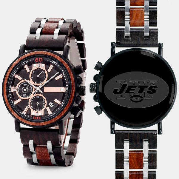 New York Jets Mens Wrist Watch  - Personalized New York Jets Mens Watches - Custom Gifts For Him, Birthday Gifts, Gift For Dad - Best 2022 New York Jets Christmas Gifts - Black 45mm NFL Wood Watch - By Engraved In Nature