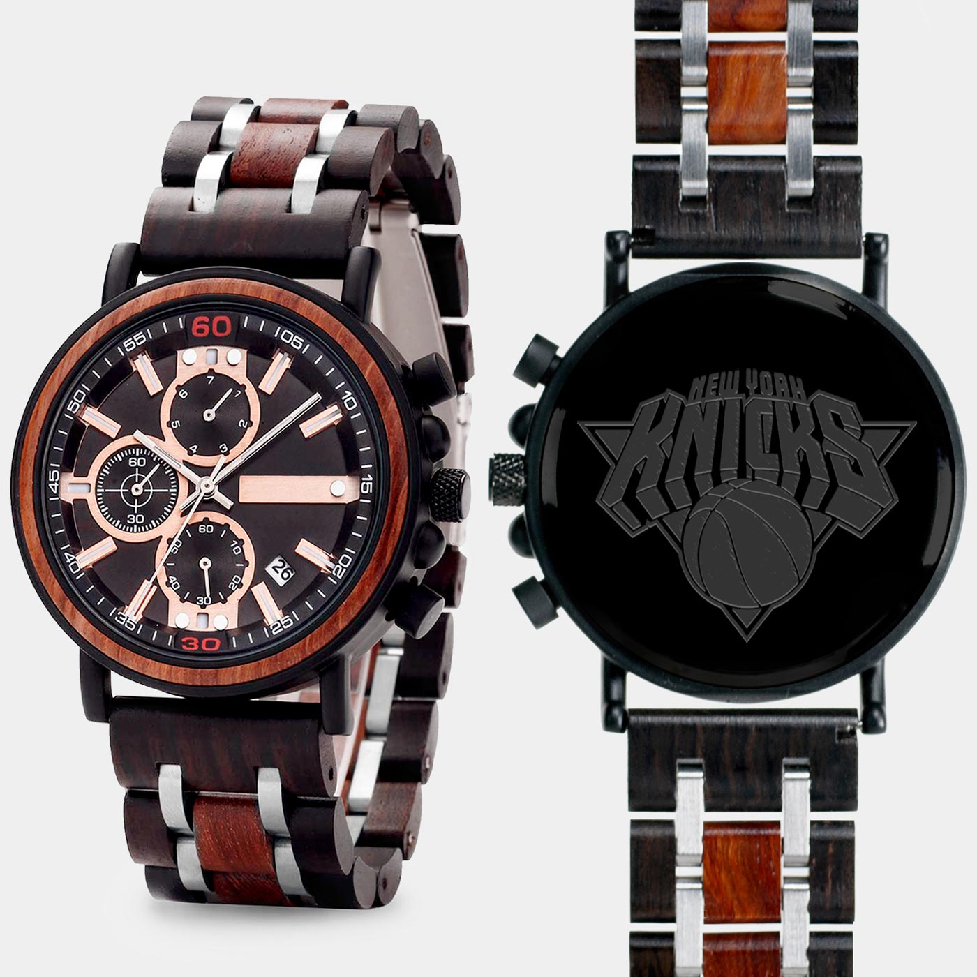 New York Knicks Mens Wrist Watch  - Personalized New York Knicks Mens Watches - Custom Gifts For Him, Birthday Gifts, Gift For Dad - Best 2022 New York Knicks Christmas Gifts - Black 45mm NBA Wood Watch - By Engraved In Nature