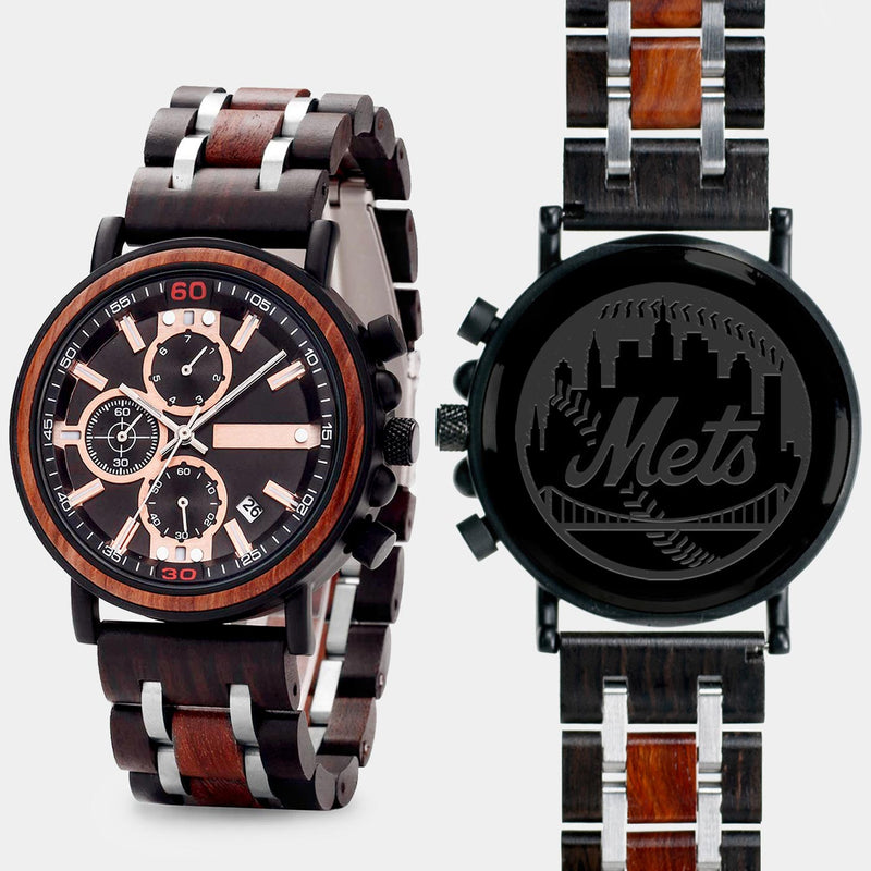 New York Mets Mens Wrist Watch  - Personalized New York Mets Mens Watches - Custom Gifts For Him, Birthday Gifts, Gift For Dad - Best 2022 New York Mets Christmas Gifts - Black 45mm MLB Wood Watch - By Engraved In Nature