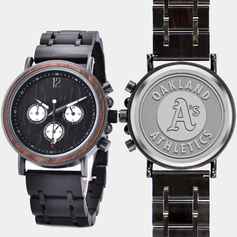 Oakland Athletics Mens Wrist Watch  - Personalized Oakland Athletics Mens Watches - Custom Gifts For Him, Birthday Gifts, Gift For Dad - Best 2022 Oakland Athletics Christmas Gifts - Black 45mm MLB Wood Watch - By Engraved In Nature