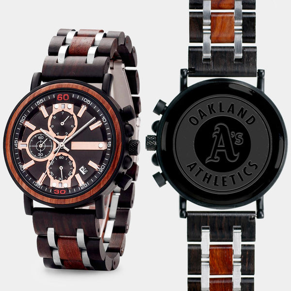 Oakland Athletics Mens Wrist Watch  - Personalized Oakland Athletics Mens Watches - Custom Gifts For Him, Birthday Gifts, Gift For Dad - Best 2022 Oakland Athletics Christmas Gifts - Black 45mm MLB Wood Watch - By Engraved In Nature